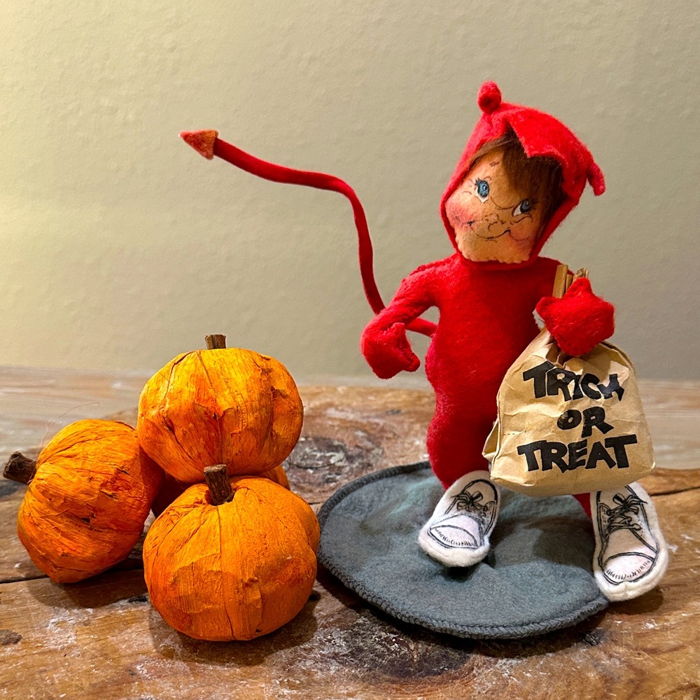 1992 Annalee Red Devil Halloween Figurine with Trick or Treat Bag